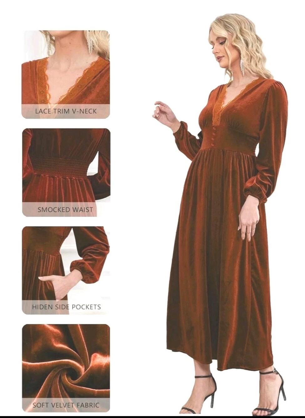 S. Adriana Burnt Orange Velvet Maxi Dress - Elegant Lace Trim & Smocked Waist